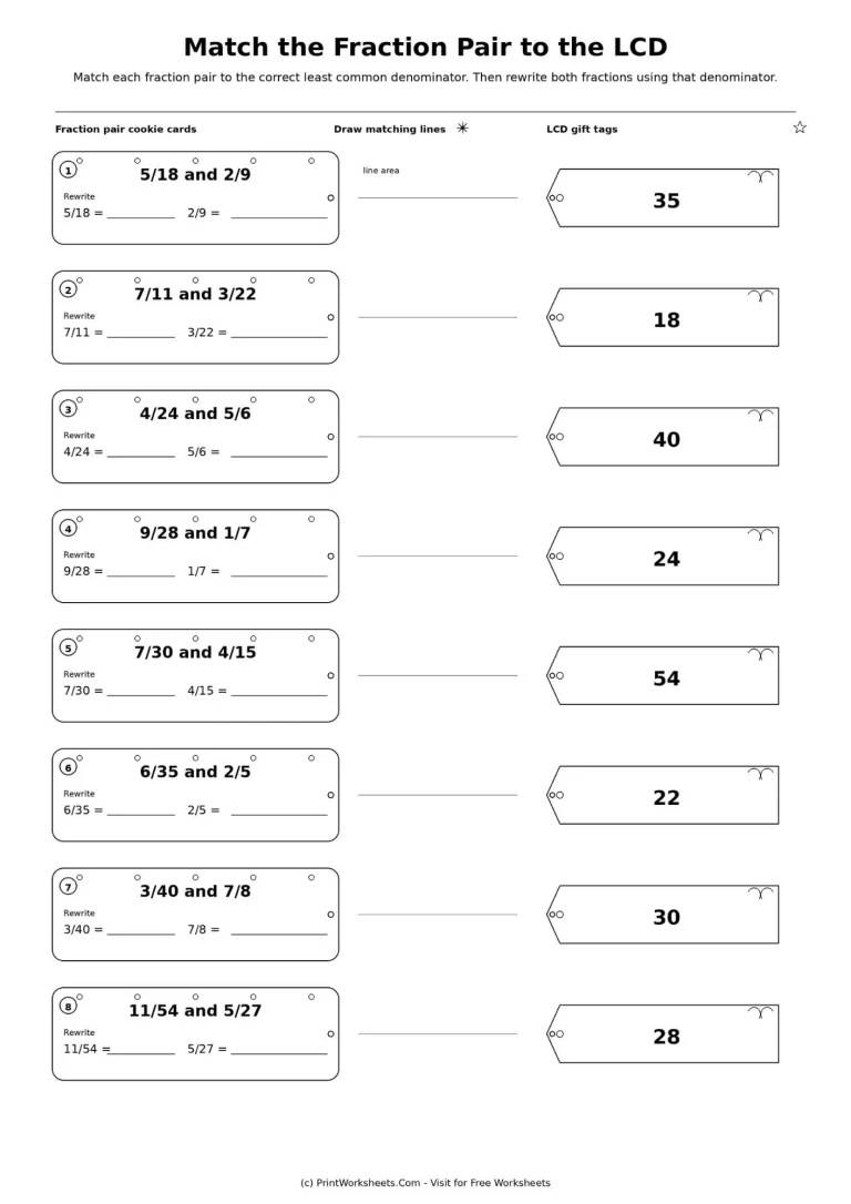 Match fraction pairs to the least common denominator worksheet for Grade 5 fraction practice