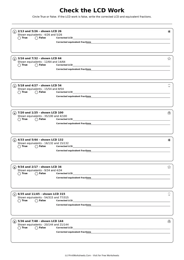True or false least common denominator worksheet with equivalent fraction corrections for Grade 5