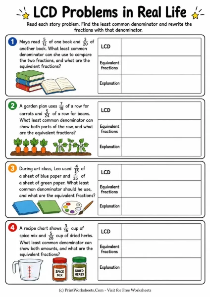 Least Common Denominator Worksheets for Grade 5