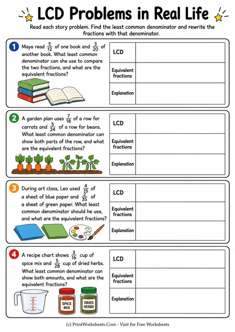 Grade 5 least common denominator word problems with equivalent fractions and real-life examples