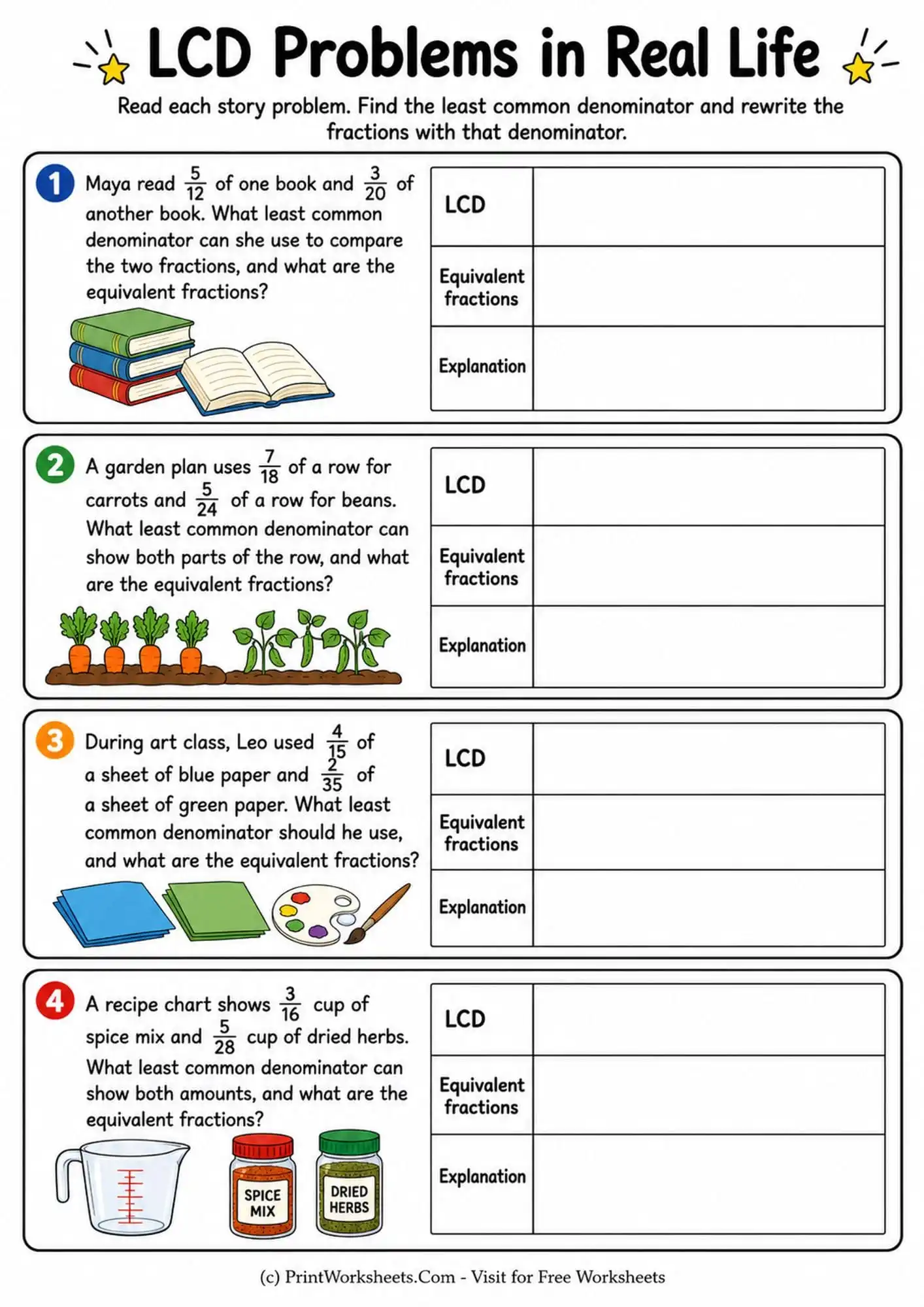 Fractions Worksheet - Least Common Denominator Worksheets for Grade 5 | Free Printable