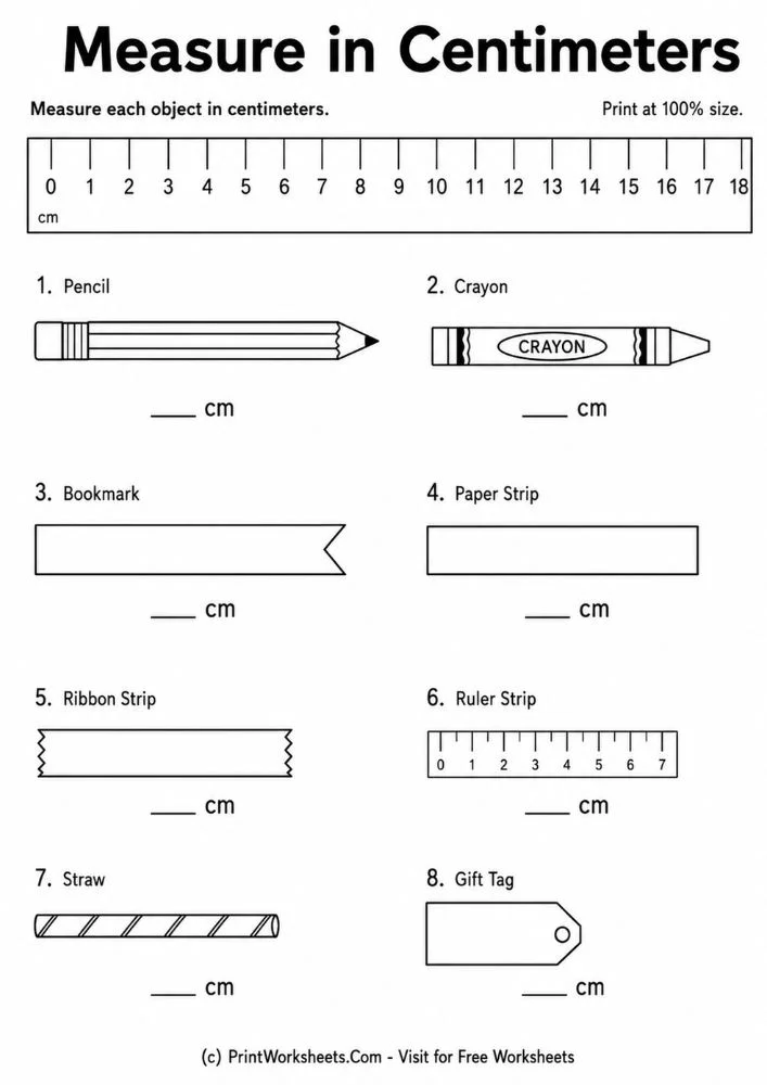 Measure in centimeters standard length worksheets