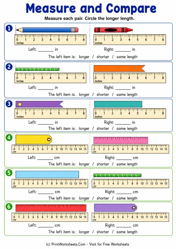 Printable Measuring with a Ruler Worksheets 1st Grade PDF - Worksheet Image