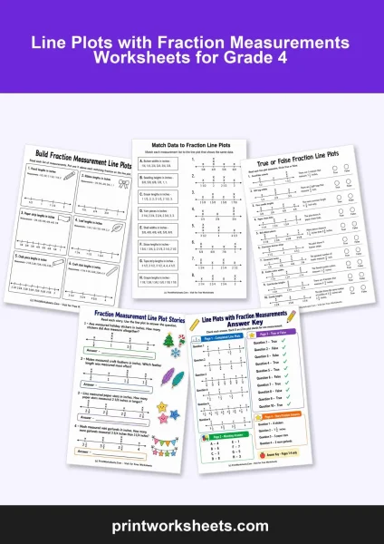 Line Plots with Fraction Measurements Worksheets for Grade 4