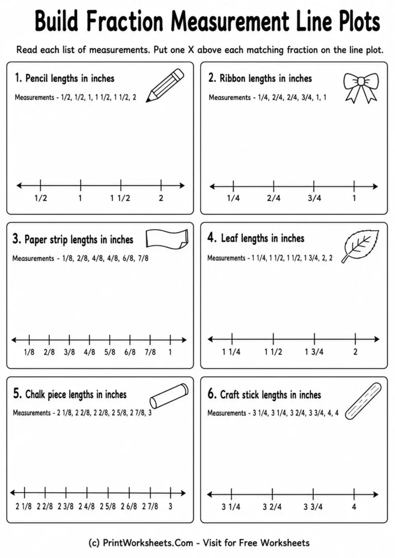 line-plots-with-fraction-measurements-worksheets-for-grade-4-page-1 Build fraction measurement line plots worksheet for data analysis practice