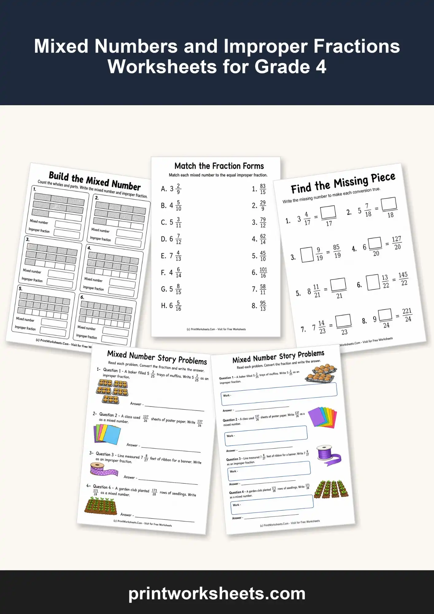 Fractions Worksheet - Mixed Numbers and Improper Fractions Worksheets for Grade 4 | Free Printable