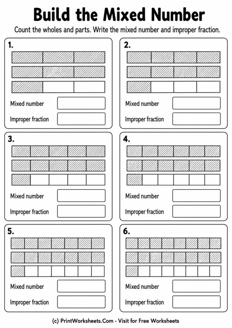 mixed-numbers-and-improper-fractions-worksheets-for-grade-4-page-1 Mixed numbers and improper fractions worksheet for Grade 4 with visual fraction bars