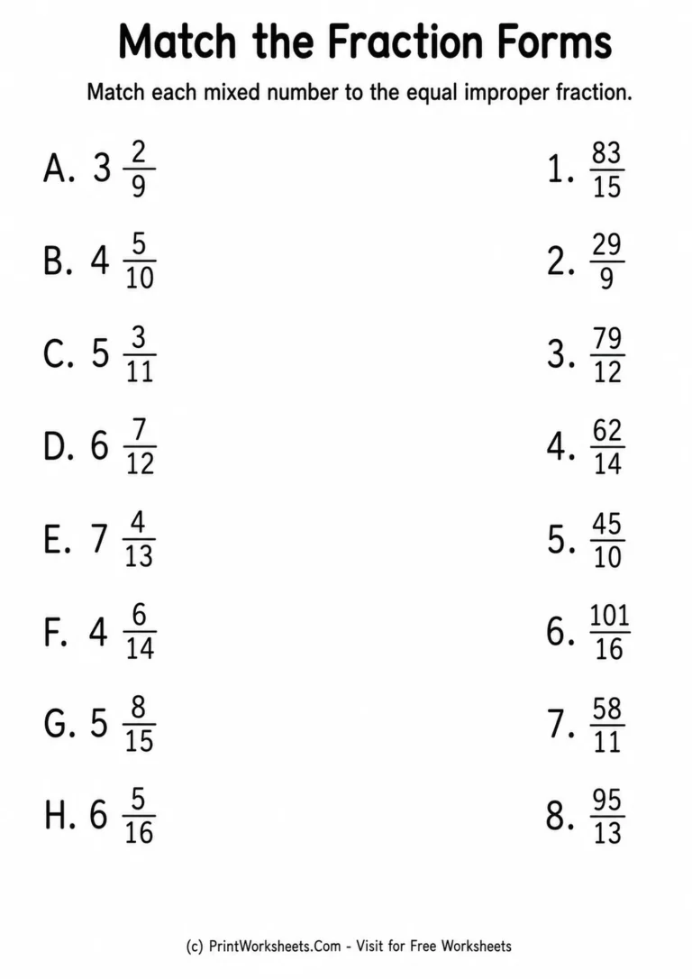 mixed-numbers-and-improper-fractions-worksheets-for-grade-4-page-2 Matching mixed numbers to improper fractions worksheet for Grade 4