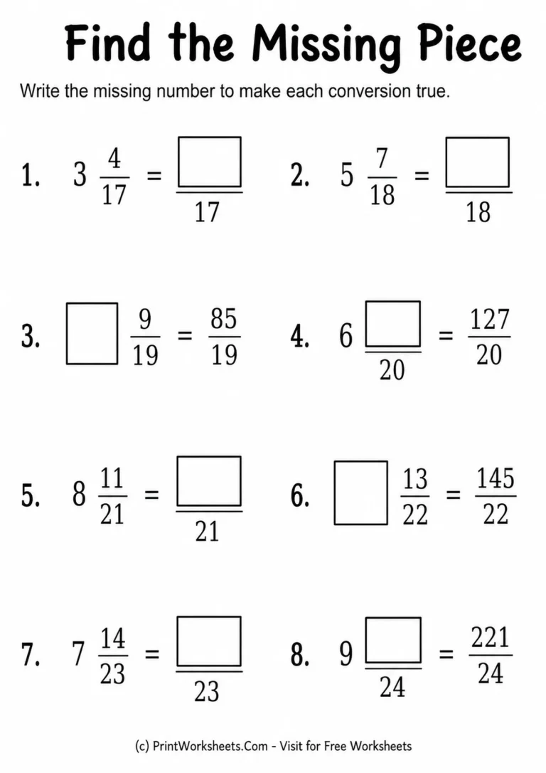 mixed-numbers-and-improper-fractions-worksheets-for-grade-4-page-3 Missing number mixed number and improper fraction conversion worksheet for Grade 4