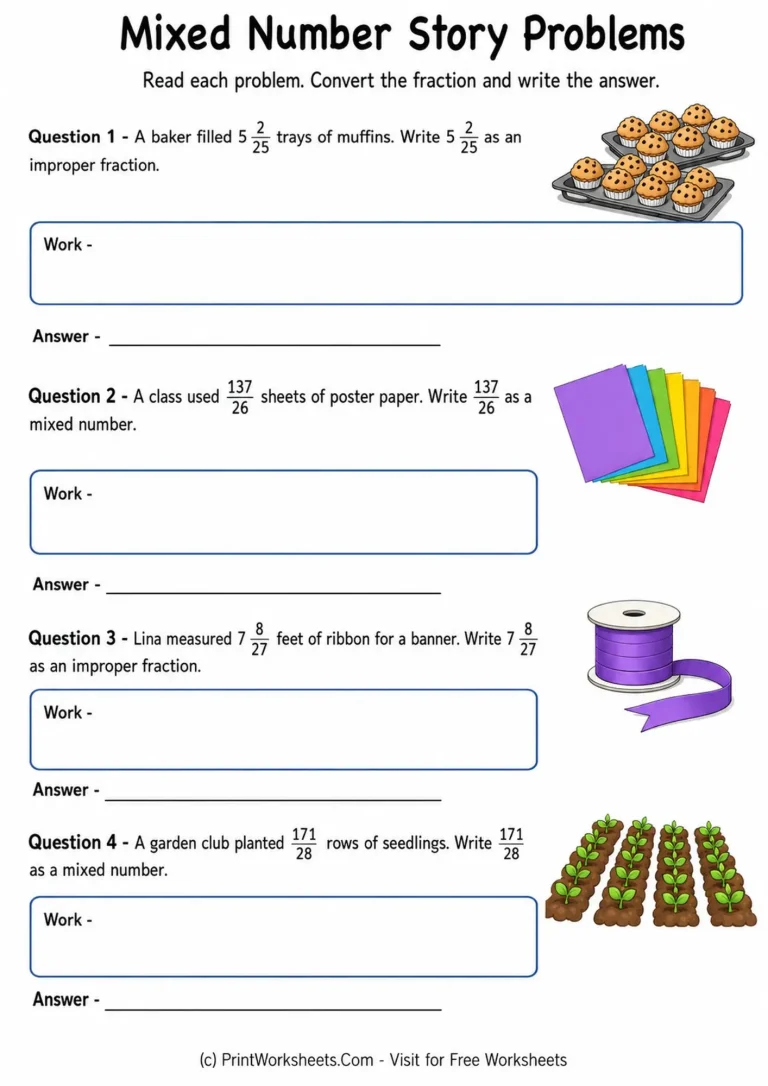 mixed-numbers-and-improper-fractions-worksheets-for-grade-4-page-4 Mixed number and improper fraction story problems worksheet for Grade 4
