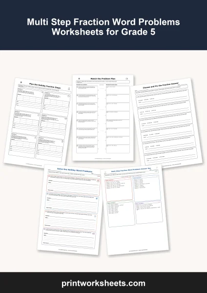 Multi Step Fraction Word Problems Worksheets for Grade 5