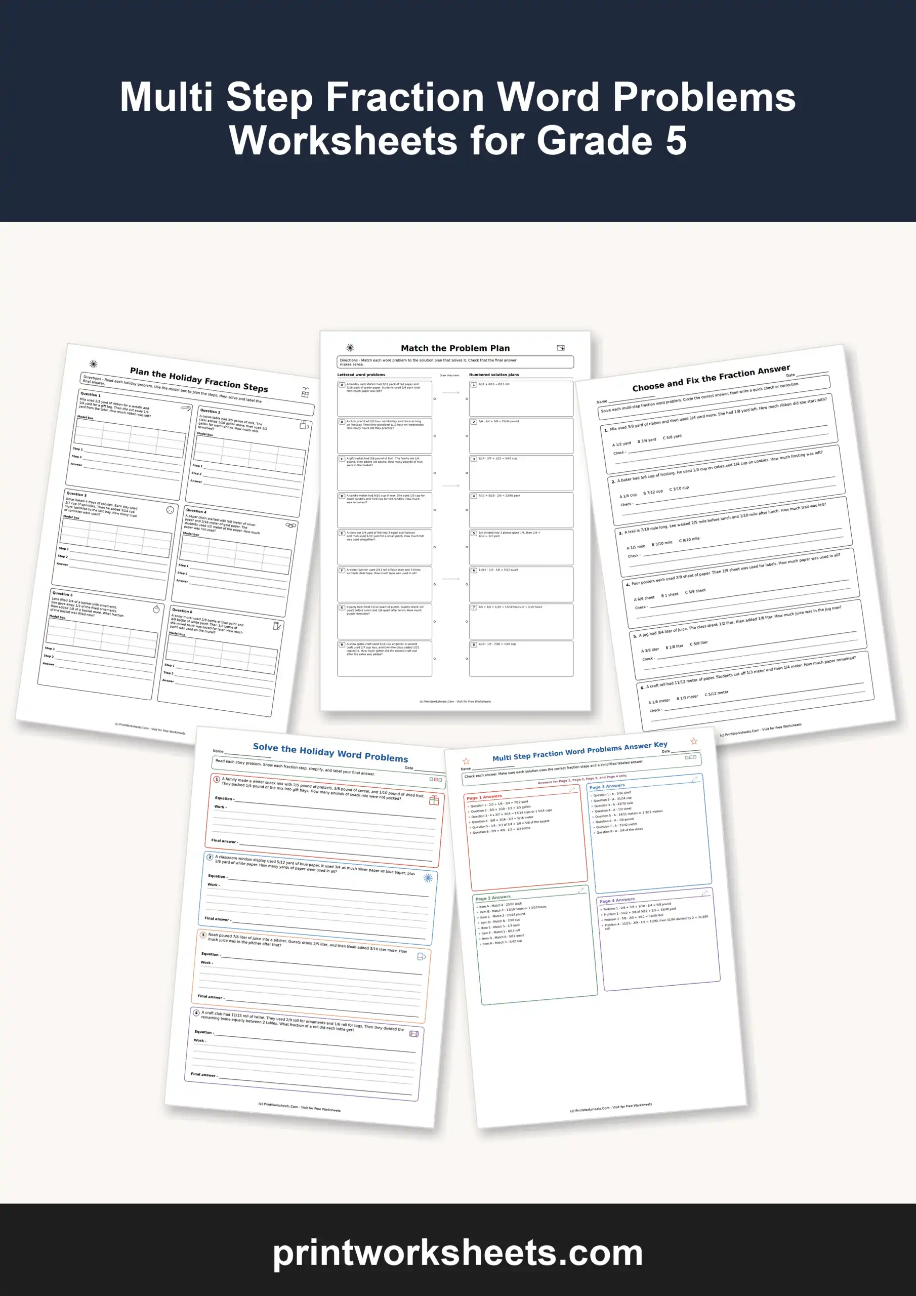 Fractions Worksheet - Multi Step Fraction Word Problems Worksheets for Grade 5 | Free Printable
