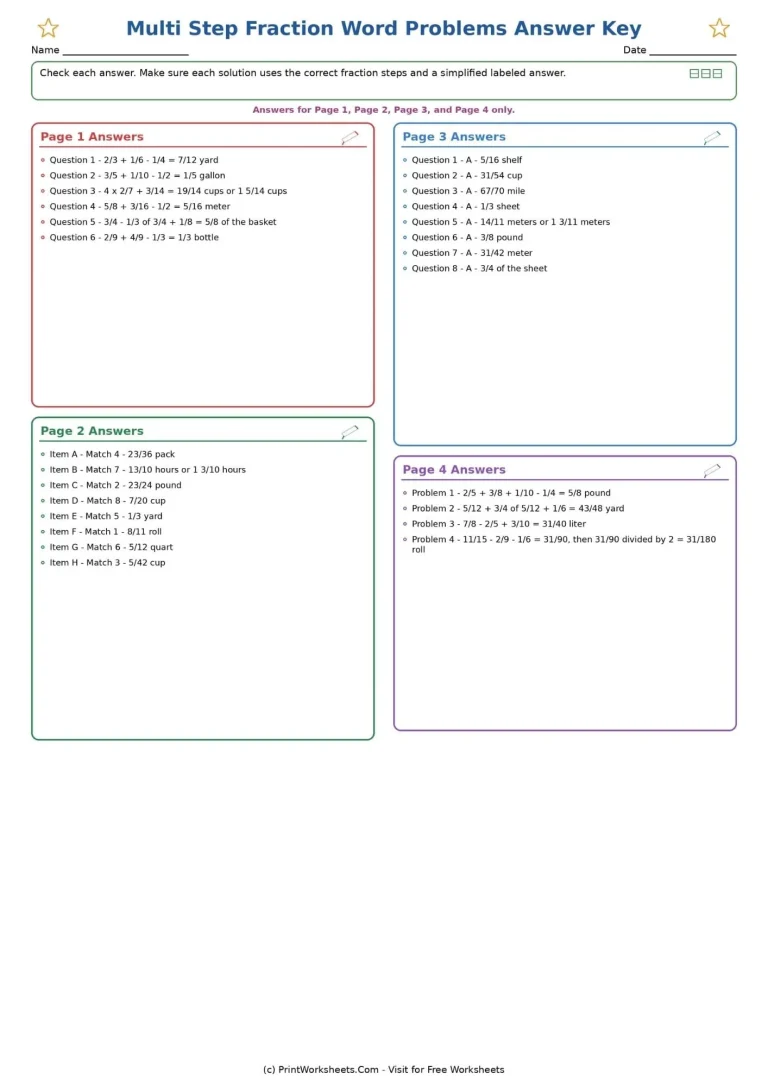 Teacher answer key for Grade 5 multi-step fraction problems