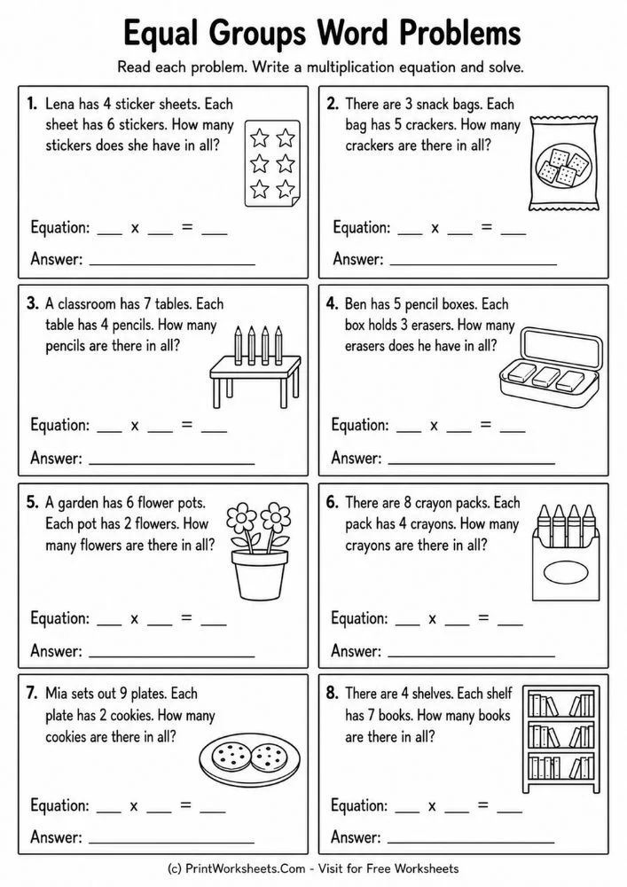 multiplication-word-problems-worksheets-grade-3-page-1 Printable multiplication word problems for grade 3 with chairs, plants, cupcakes, books, tiles, and stamps.