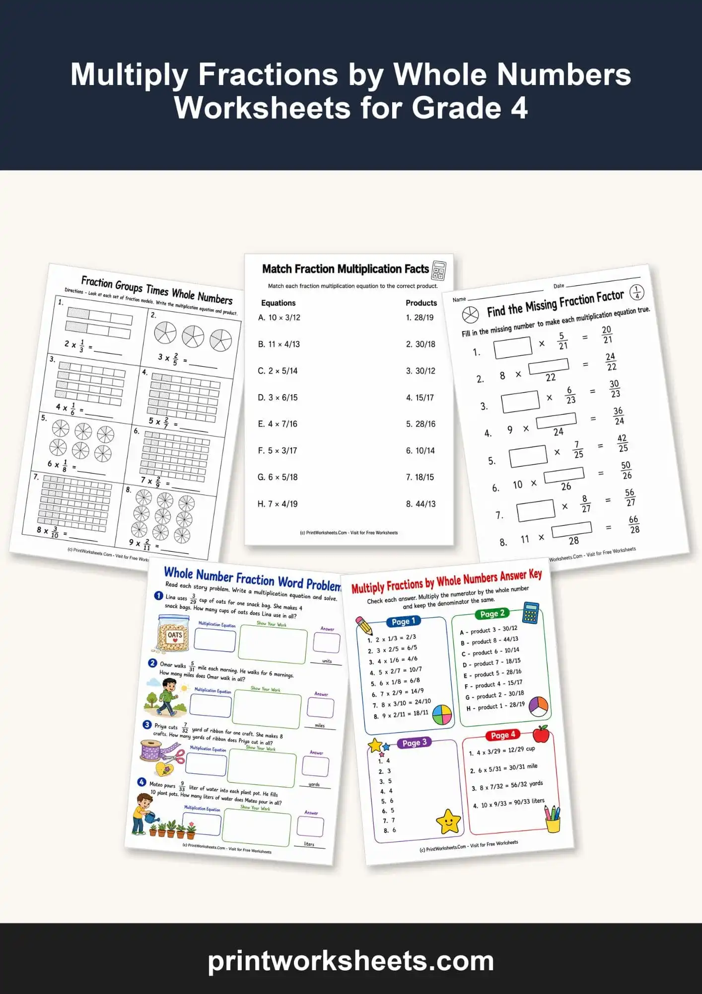 Fractions Worksheet - Multiply Fractions by Whole Numbers Worksheets for Grade 4 | Free Printable