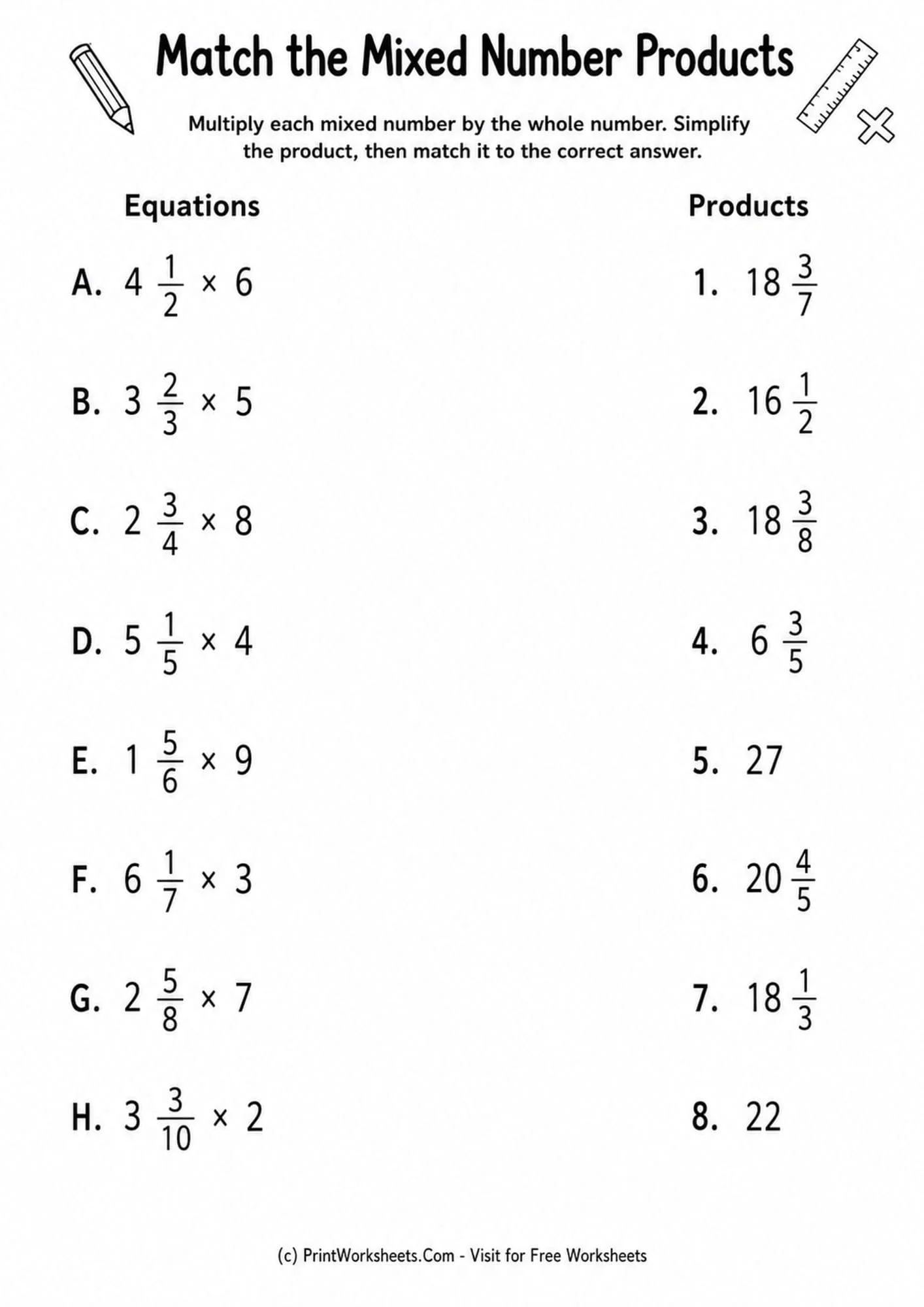 Fractions Worksheet - Mixed Number Times Whole Number Practice for Grade 5 | Free Printable
