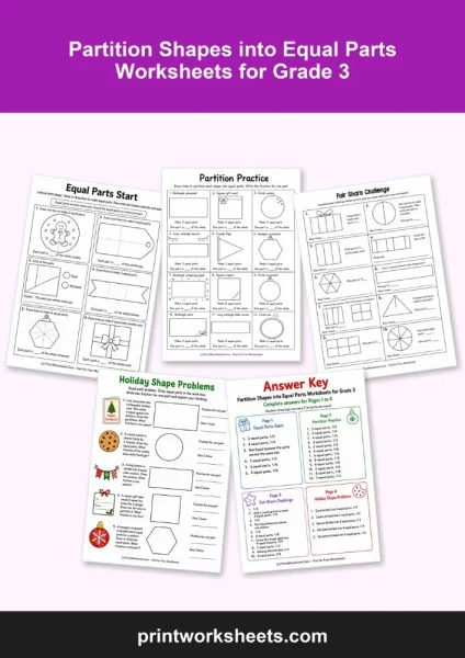 Partition Shapes into Equal Parts Worksheets for Grade 3