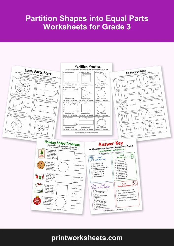 Fractions Worksheet - Partition Shapes into Equal Parts Worksheets for Grade 3 | Free Printable