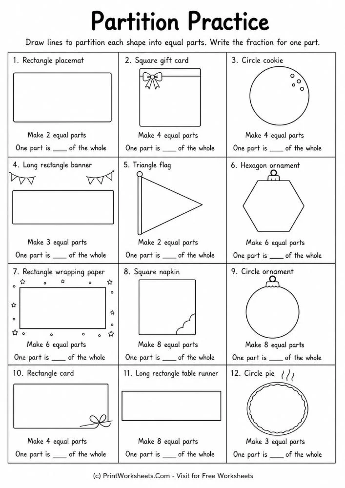 Grade 3 partition practice with twelve shape models