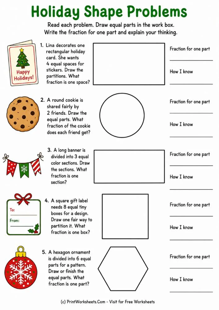 Holiday shape problems for drawing equal fraction parts