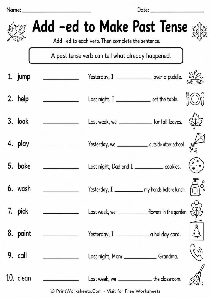 Add ed past tense regular verbs worksheets pdf