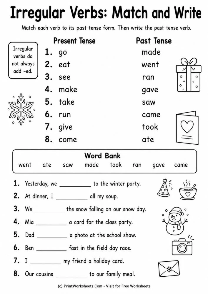 Irregular verbs worksheets match and write practice