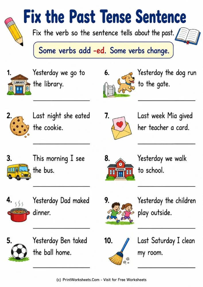 Fix the past tense sentence error analysis worksheet
