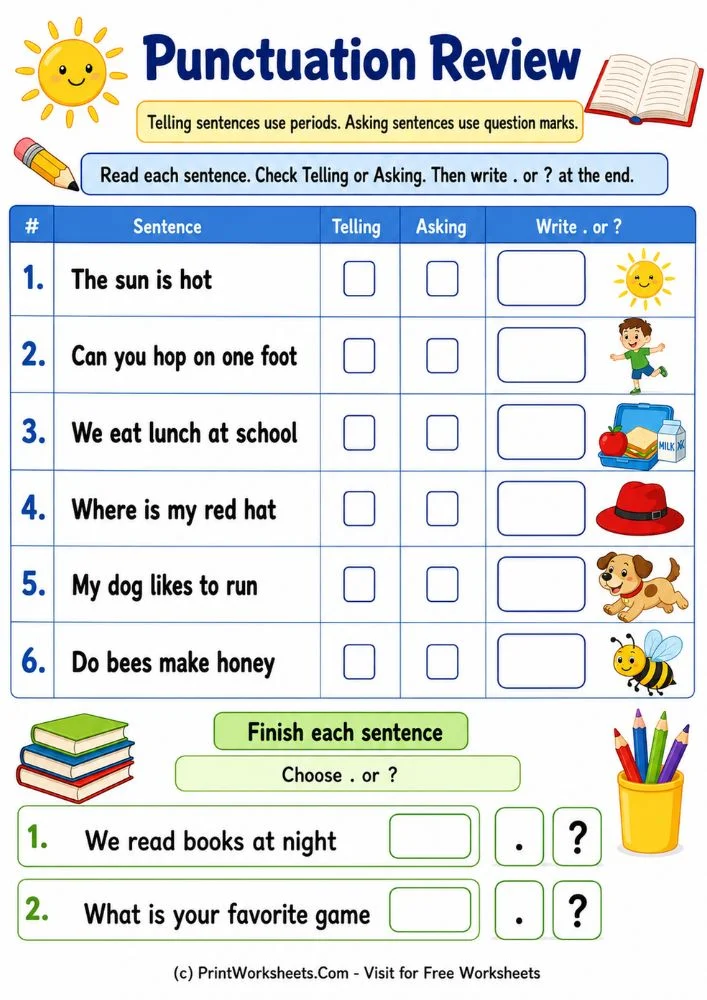 punctuation-practice-worksheets-periods-and-question-marks-page-5 Free Periods and Question Marks Worksheets PDF 1st Grade - Worksheet Image