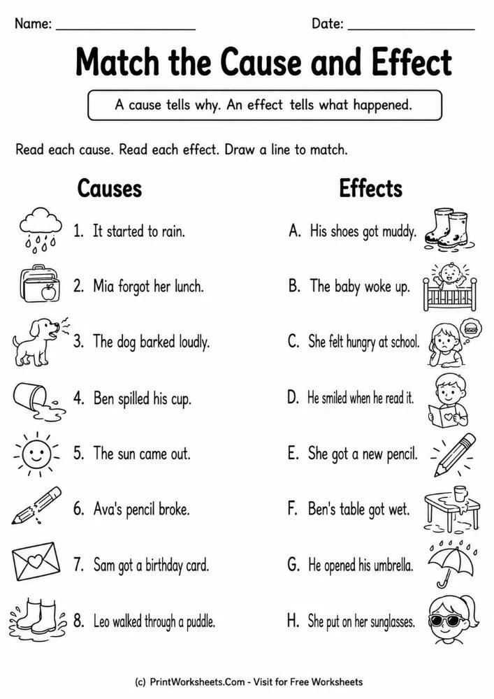 Match the cause and effect worksheets 1st grade reading comprehension