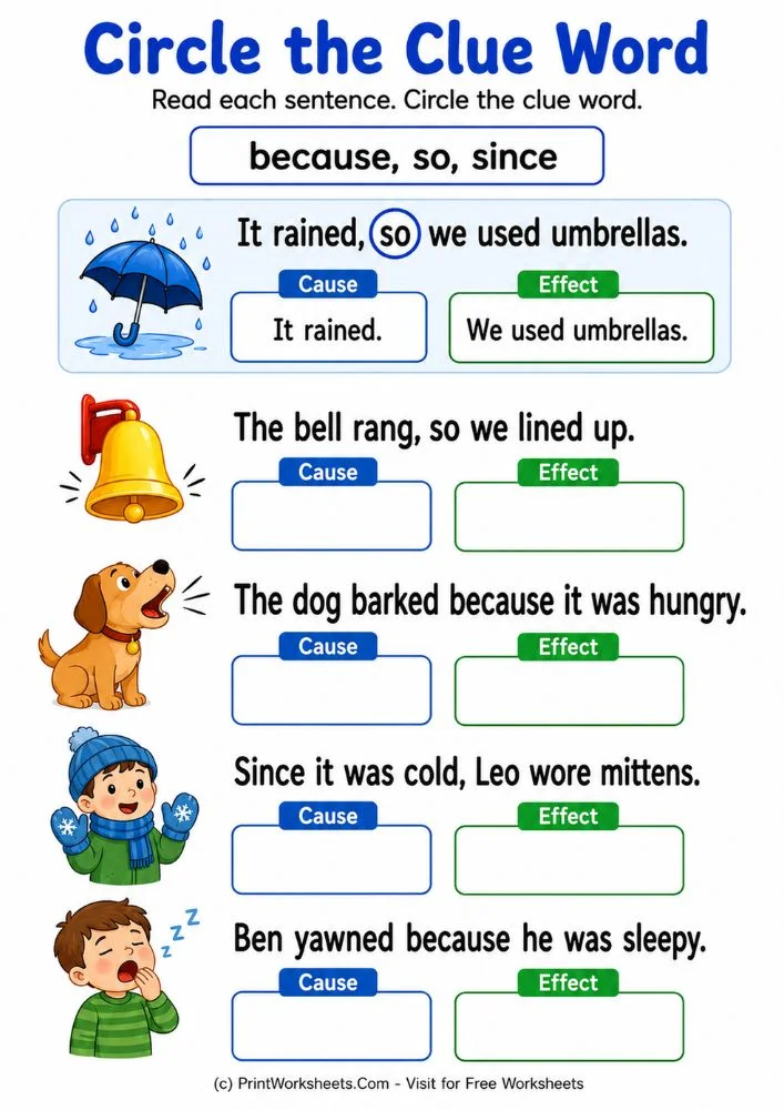 Circle the clue word cause and effect worksheets pdf printable