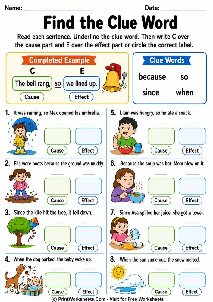 Free Cause and Effect Worksheets PDF Reading Comprehension - Worksheet Image
