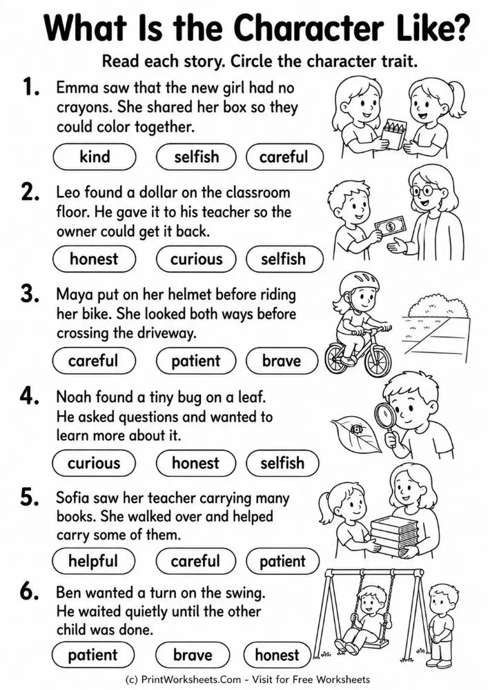 What is the character like character traits worksheets 1st grade