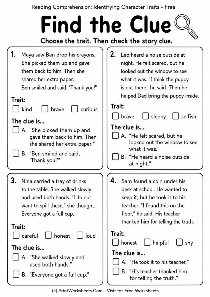 Find the clue reading comprehension character traits worksheets
