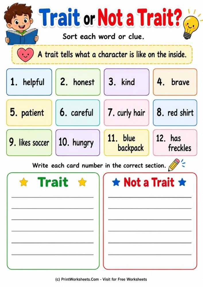 Trait or not a trait sorting character traits worksheets printable