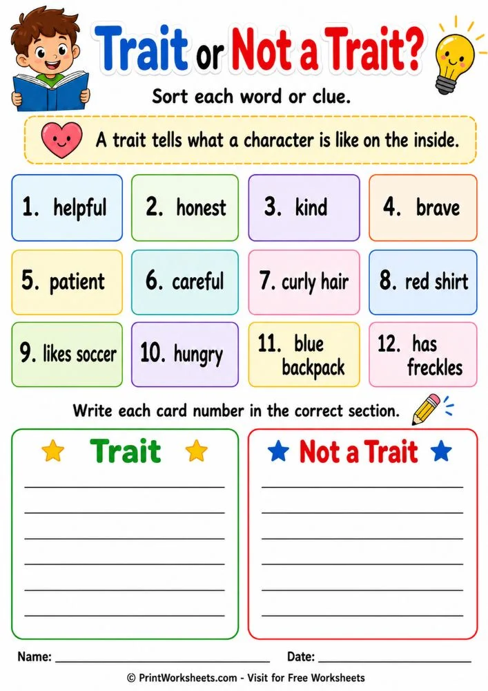 Inside character traits vs outside physical traits sorting activity