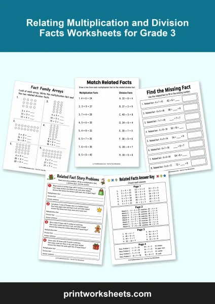 Relating Multiplication and Division Facts Worksheets for Grade 3