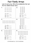 Grade 3 fact family arrays worksheet with multiplication and related division equations