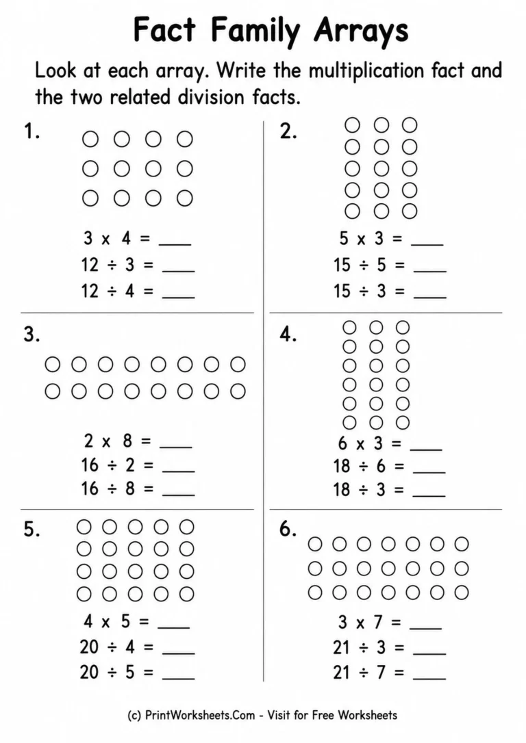 Grade 3 fact family arrays worksheet with multiplication and related division equations