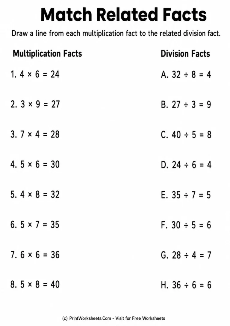 Matching worksheet with multiplication facts and scrambled related division facts