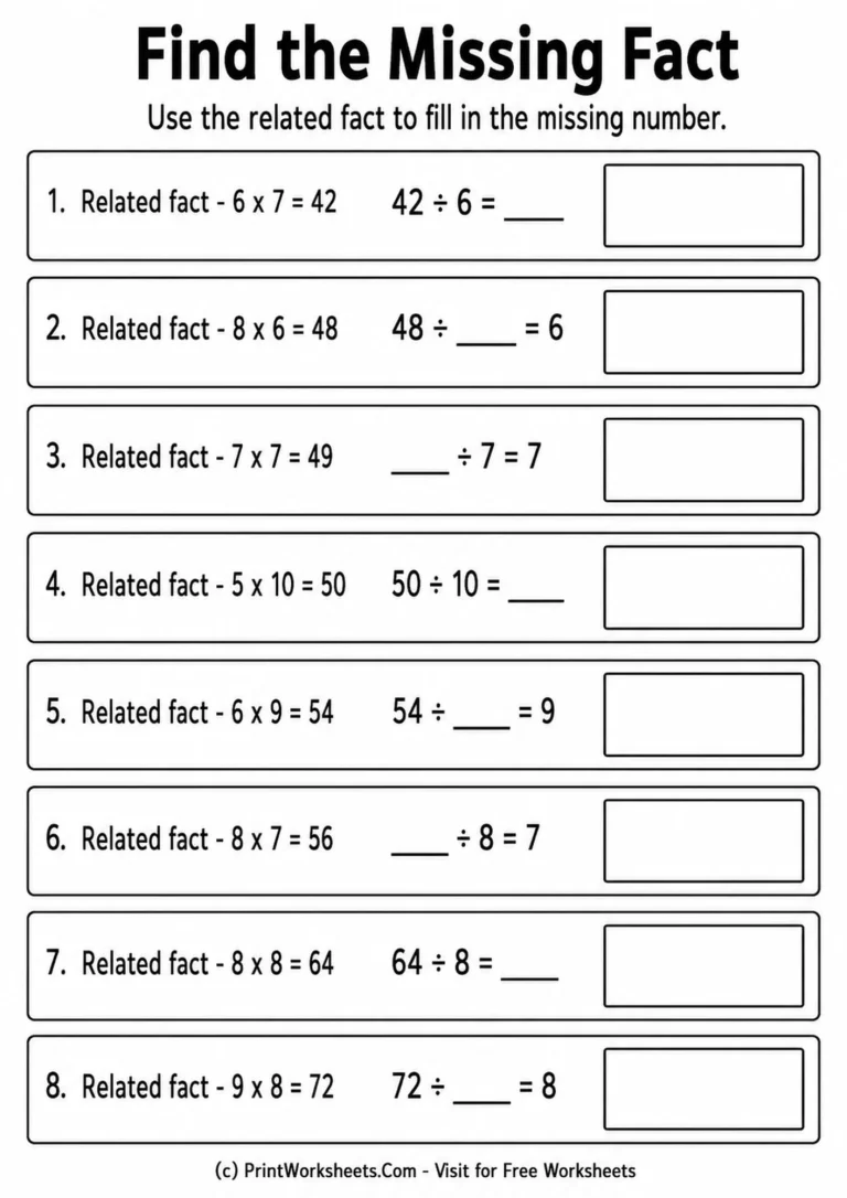 Grade 3 worksheet with related multiplication clues and missing division numbers