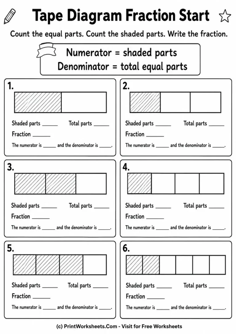 represent-fractions-with-tape-diagrams-worksheets-for-grade-3-page-1 Shaded tape diagrams with numerators and denominators