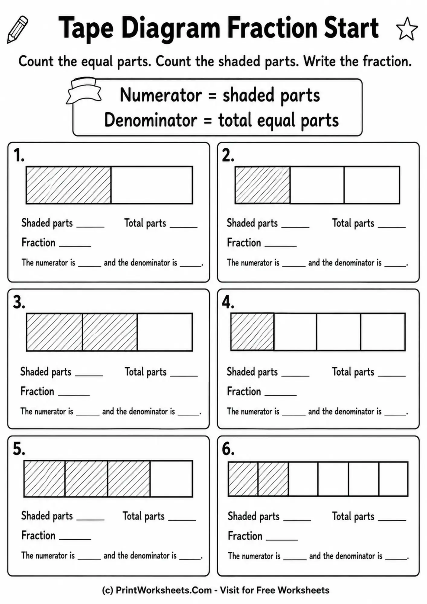 Fractions Worksheet - Represent Fractions with Tape Diagrams Worksheets for Grade 3 | Free Printable