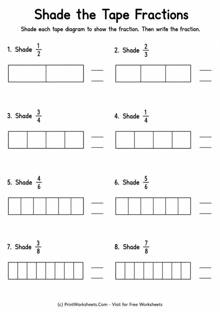 represent-fractions-with-tape-diagrams-worksheets-for-grade-3-page-2 Grade 3 fraction tape diagram shading practice
