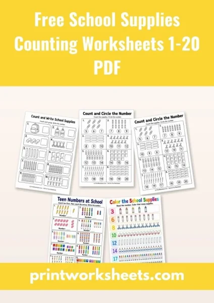 Free School Supplies Counting Worksheets 1-20 PDF