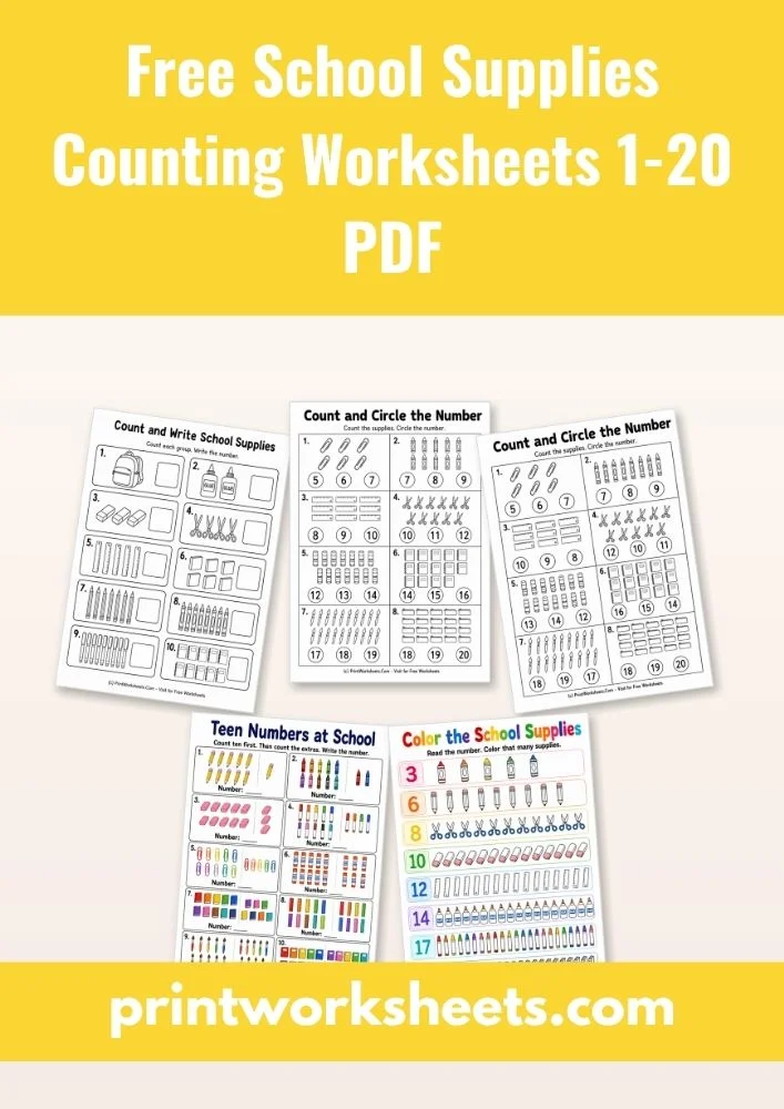 Counting Worksheets Worksheet - Free School Supplies Counting Worksheets 1-20 PDF | Free Printable