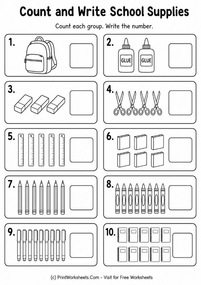 Count and write school supplies counting worksheets 1-20