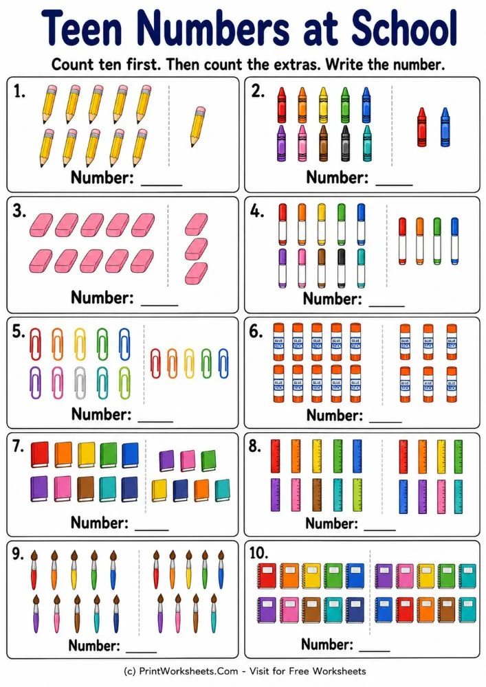 Teen numbers at school base ten counting worksheets