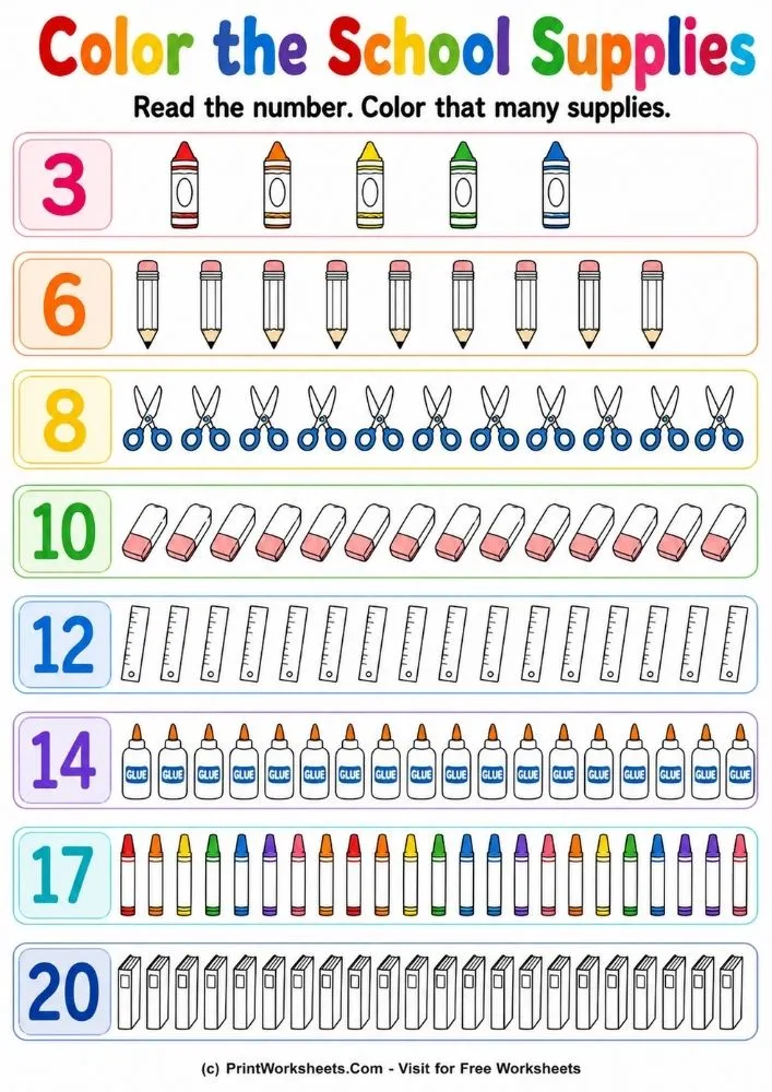 Free School Supplies Counting Worksheets 1-20 PDF - Worksheet Image