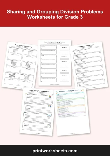Sharing and Grouping Division Problems Worksheets for Grade 3