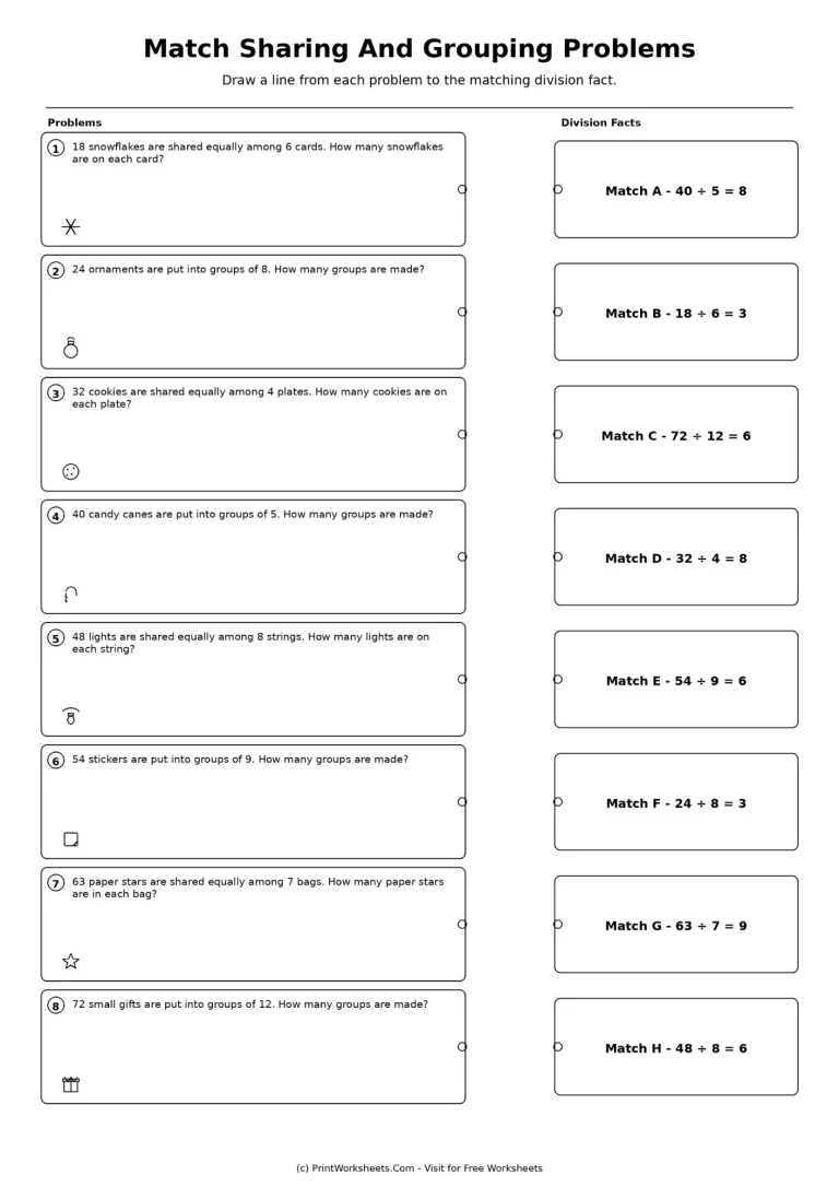 Grade 3 sharing and grouping division matching worksheet
